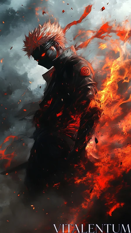 Masked fire warrior strides through storm of ash and embers