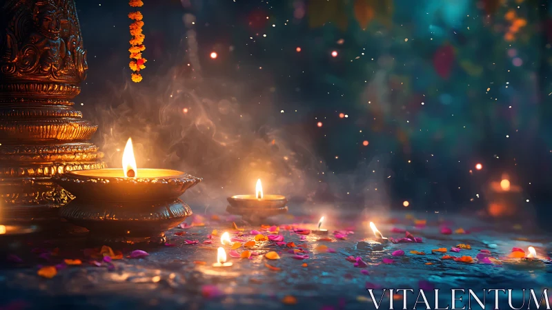 Oil lamps and flower petals on stone surface at night.