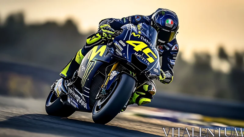 High-lean MotoGP superbike apexing with racing aerodynamics.