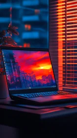 Glowing laptop rests by blinds in a cozy neon city evening