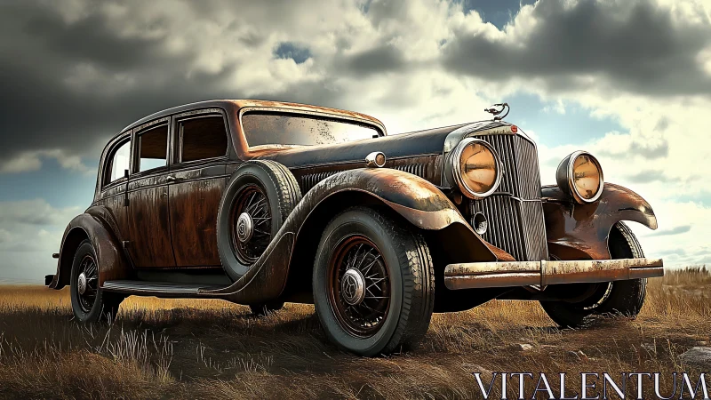 Weathered vintage sedan rendered with cinematic realism.