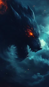 Fiery-eyed wolf spirit emerges from storm-lit clouds at dusk.