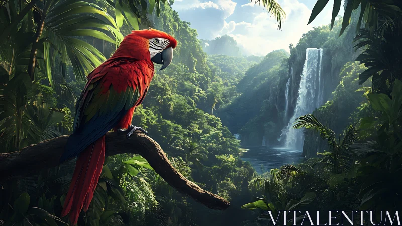 Scarlet macaw on branch above dense jungle waterfall.
