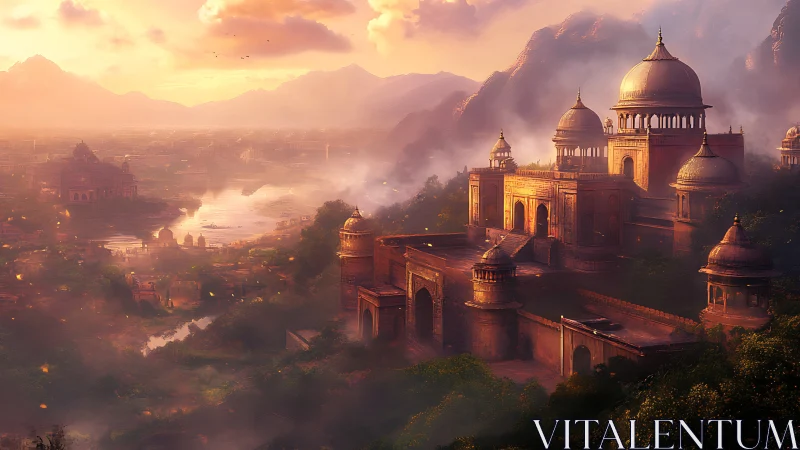 Sunlit domed citadel above misted river valley at dusk.