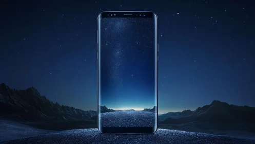 Edge-to-edge bezel-less smartphone on starlit alien landscape