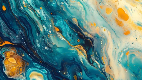 Turquoise and amber fluid dynamics in abstract marbled field