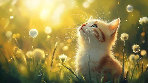 Orange Tabby Kitten Gazes Upward Among Dandelions.
