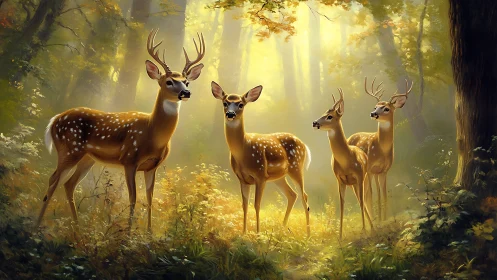 Sunlit white-tailed deer family stands in luminous forest glade