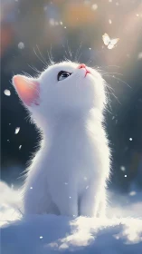 White Cat Gazing at Butterfly in Snowy Clouds
