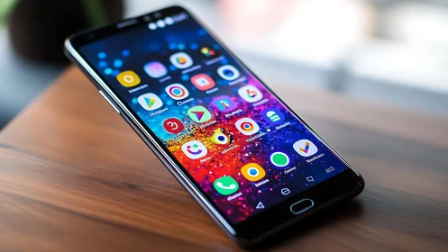 Smartphone displaying colorful app icons on wooden surface