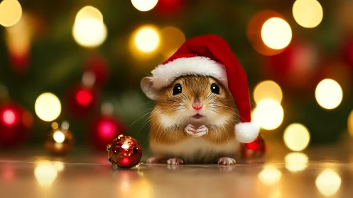 Festive hamster with Santa hat amid glowing bokeh lights.