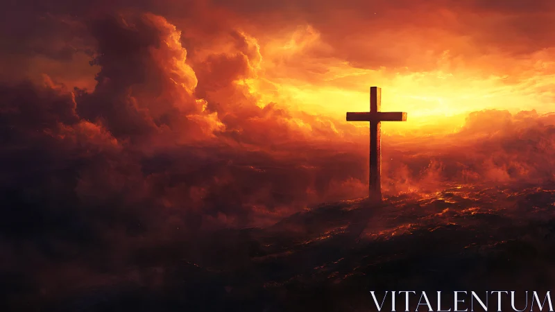 Lone hilltop cross blazing against a storm-lit fiery dawn.
