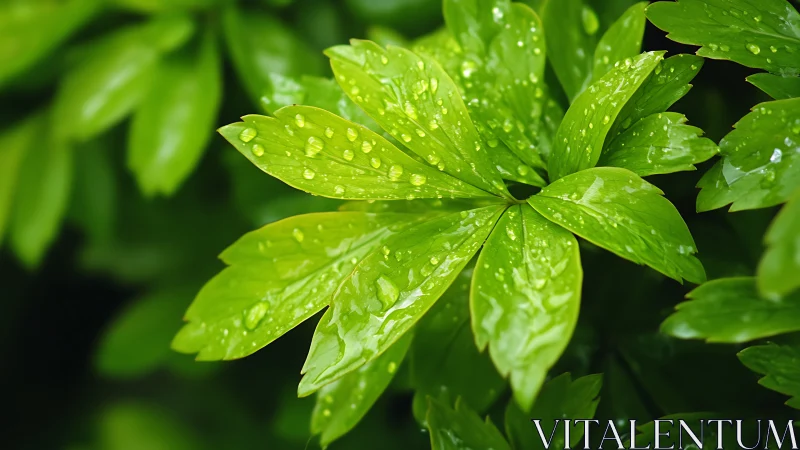 Rain-kissed green leaves in a lush morning emerald whirlpool.