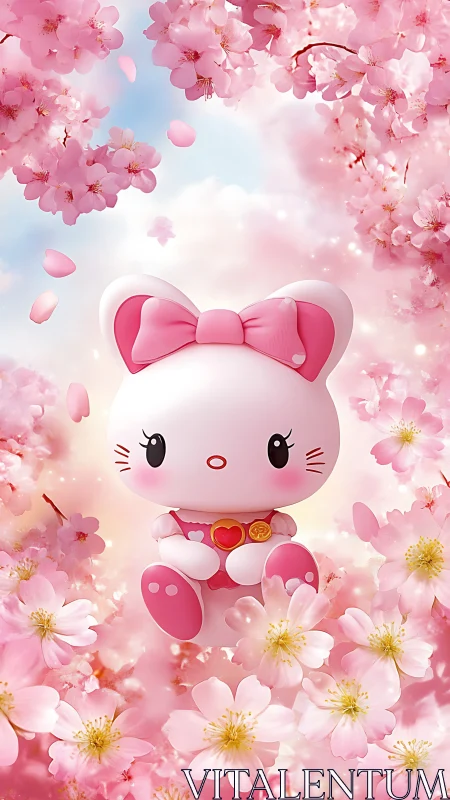 Soft-lit chibi cat character amid high-saturation cherry blossoms