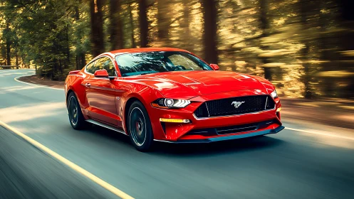 Red sports coupe moves along forest road with motion blur