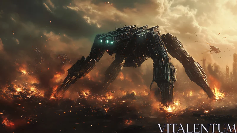 War-walker titan strides through emberlit apocalypse storm.