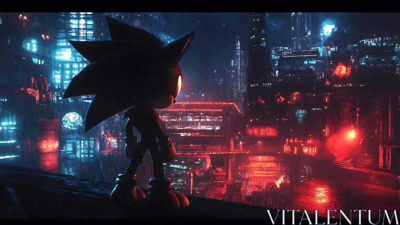 Neon-soaked hedgehog silhouette over cyber-industrial skyline.