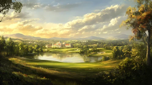 Sunlit golf kingdom lounges beside a mirror-still lake