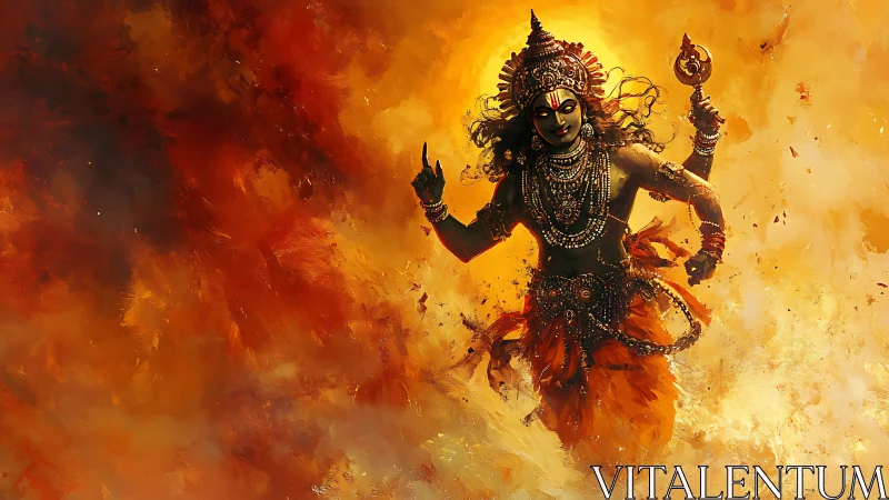 Fiery goddess strides through swirling embers of dawn.