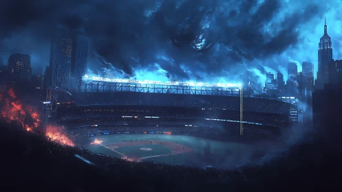 Storm-darkened baseball stadium under apocalyptic city sky