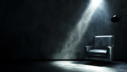 Single leather armchair sits under strong directional spotlight