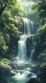 Sunlit tiered waterfall descending through emerald forest.