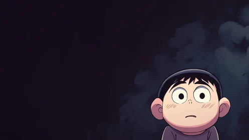 Wide-eyed child illustration against deep shadowed void.