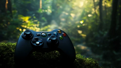 Gaming Controller Positioned on Moss in Forest Sunlight.