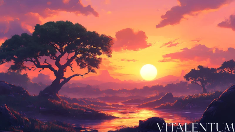 Radiant river valley at dusk beneath glowing sunset sky.