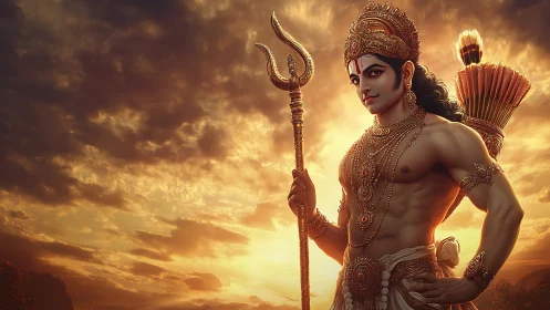 Heroic mythic warrior deity with trident against sunset sky