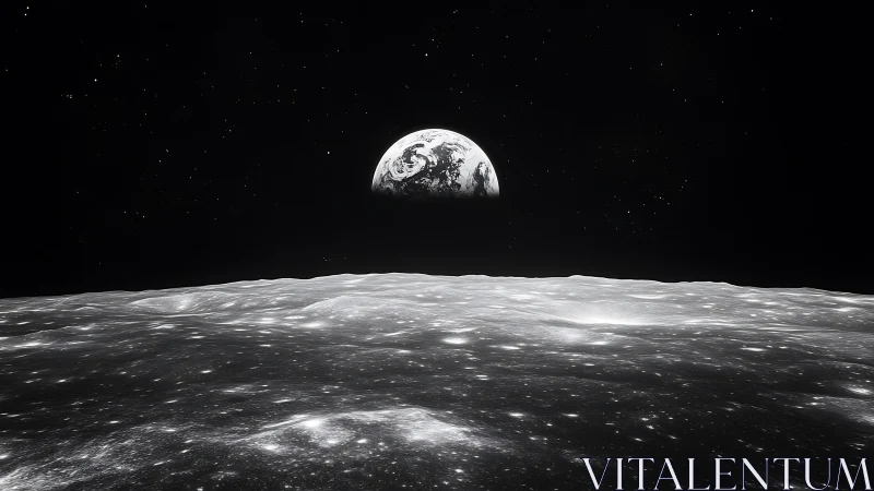 Earthrise above the moon&rsquo;s bright, cratered horizon.