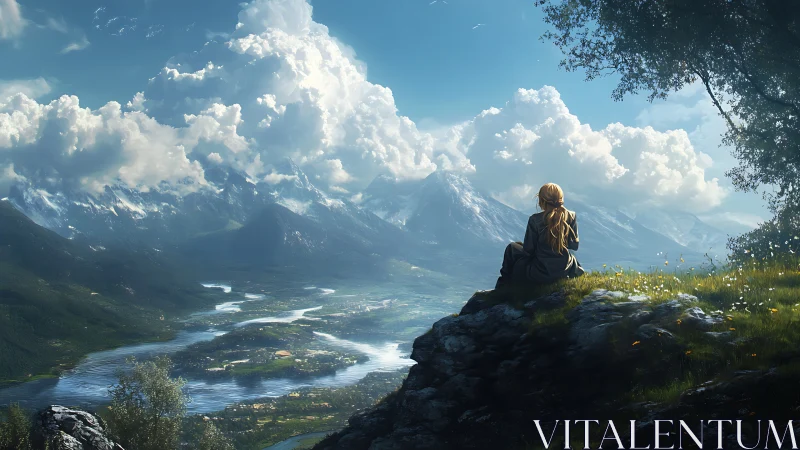 Solitary observer overlooking river valley and alpine mountain range