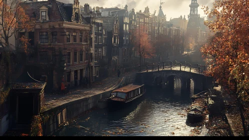Historic canal, arched bridge and autumn foliage in cityscape.