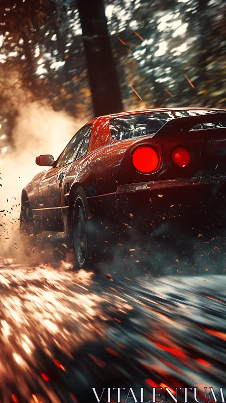 Red sports car racing through glowing forest sparks.