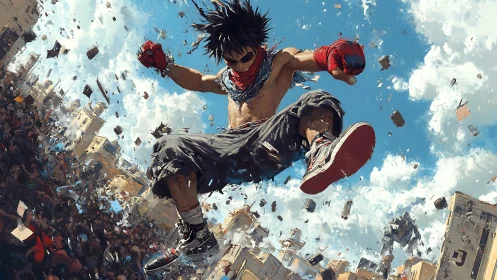 Urban sky-leap fighter exploding through swirling cityscape.