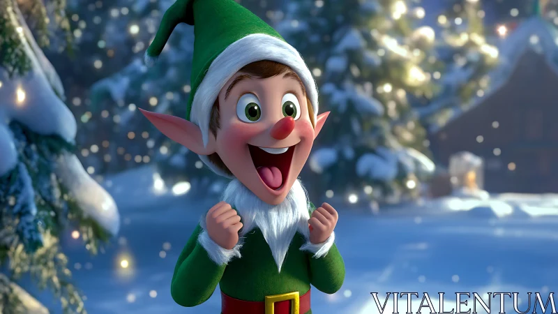Joyful Christmas elf in snowy festive forest scene.