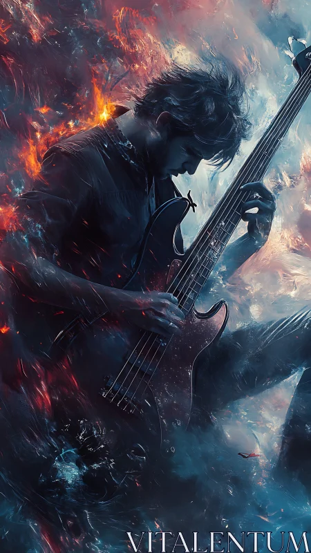 Electric guitarist erupts in blazing cosmic soundstorm energy
