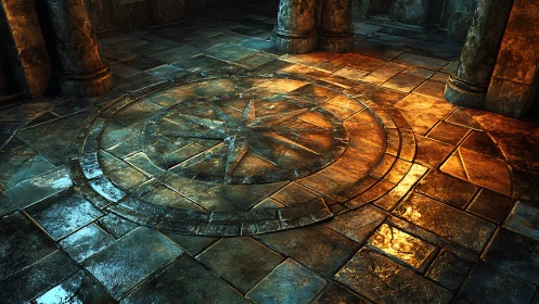Glowing compass floor circle invites quiet dungeon discovery