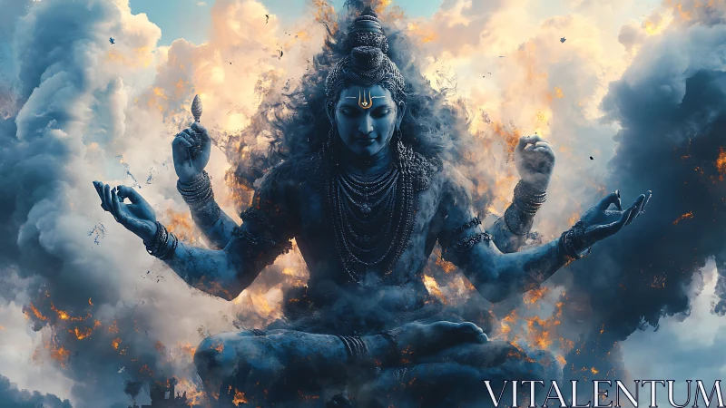 Blue multi-armed deity in meditative pose amid smoke.