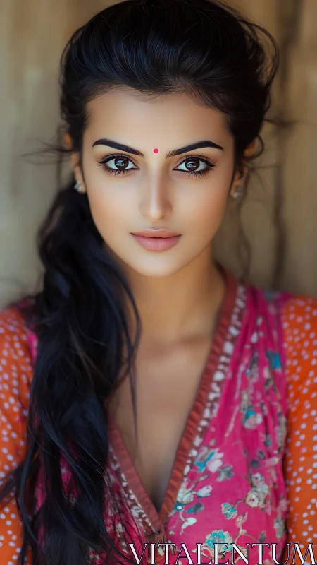 Portrait of woman in floral kurta with vivid bindi. Period.