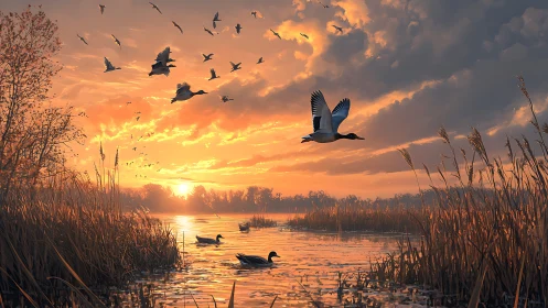 Ducks chase molten sunrise across a glowing autumn marsh.