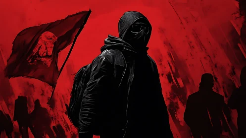 Hooded wanderer in red storm of restless silhouettes.