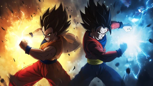 Two opposing anime fighters generate fiery and electric energy