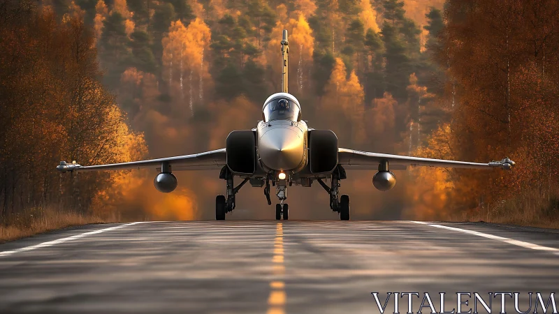 Fighter jet aligned on forest road runway in autumn light.