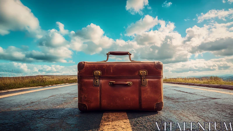 Vintage suitcase waits alone on an open country road.