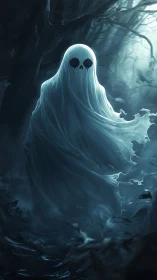 Spectral figure draped in luminescent shroud haunts misty forest