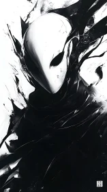 Shrouded void entity emerging in stark monochrome abstraction.