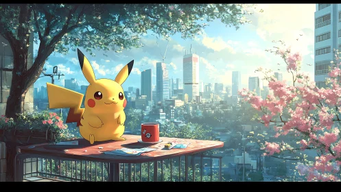 Anime terrace vignette with Pikachu and panoramic cityscape.