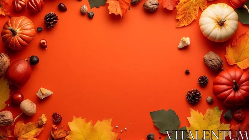 Autumn pumpkins and leaves border on vivid orange background.