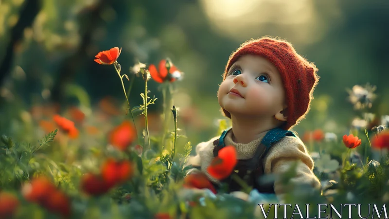 Little daydreamer in a sunlit meadow of red blossoms.